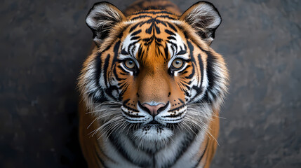 Obraz premium Tigers have powerful builds, bold orange fur with black stripes, and intense eyes. There is a sense of strength and grace about the tiger's face, with sharp features and a focused gaze.