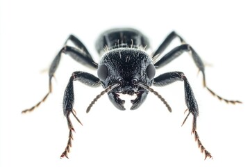 Close-up view of a small black insect sitting on a white surface, possibly a leaf or paper