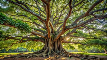 A majestic ancient tree with gnarled branches and roots stretching out in all directions, its trunk thick and sturdy like a pillar, leaves, tree, roots