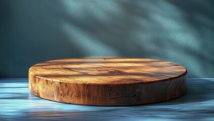 Empty, beautiful, round wooden tabletop counter on a clean and bright background, ready for display. Banner, copy space.