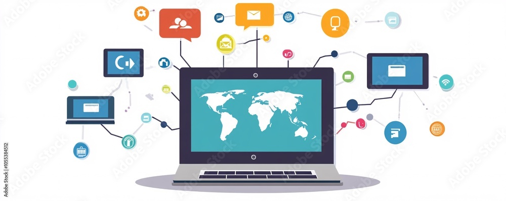 Poster Laptop showing world map connected to global communication network