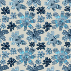 Watercolour blue indigo delicate flowers illustration seamless pattern. On beige background. Hand painted floral elements. Summer, spring vibes print. For fabric, wallpaper, wrapping. Drawn Botanical.