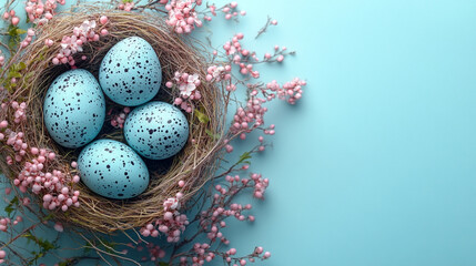 Obraz premium Blue Easter eggs nested on a soft blue background with space for text