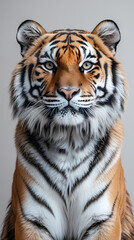 Obraz premium Tigers have powerful builds, bold orange fur with black stripes, and intense eyes. There is a sense of strength and grace about the tiger's face, with sharp features and a focused gaze.