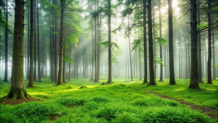 Obraz premium A misty forest landscape with tall trees and a carpet of green grass underfoot, misty environment, outdoor photography, forest floor, green grass, green environments
