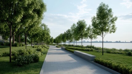 Obraz premium Tranquil riverside park with lush greenery and serene water views, perfect for relaxation and nature walks.