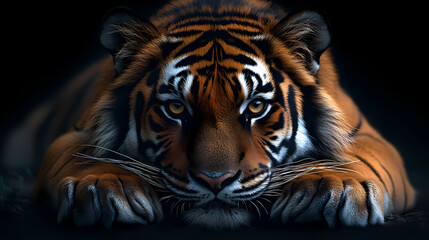Fototapeta premium Tigers have powerful builds, bold orange fur with black stripes, and intense eyes. There is a sense of strength and grace about the tiger's face, with sharp features and a focused gaze.