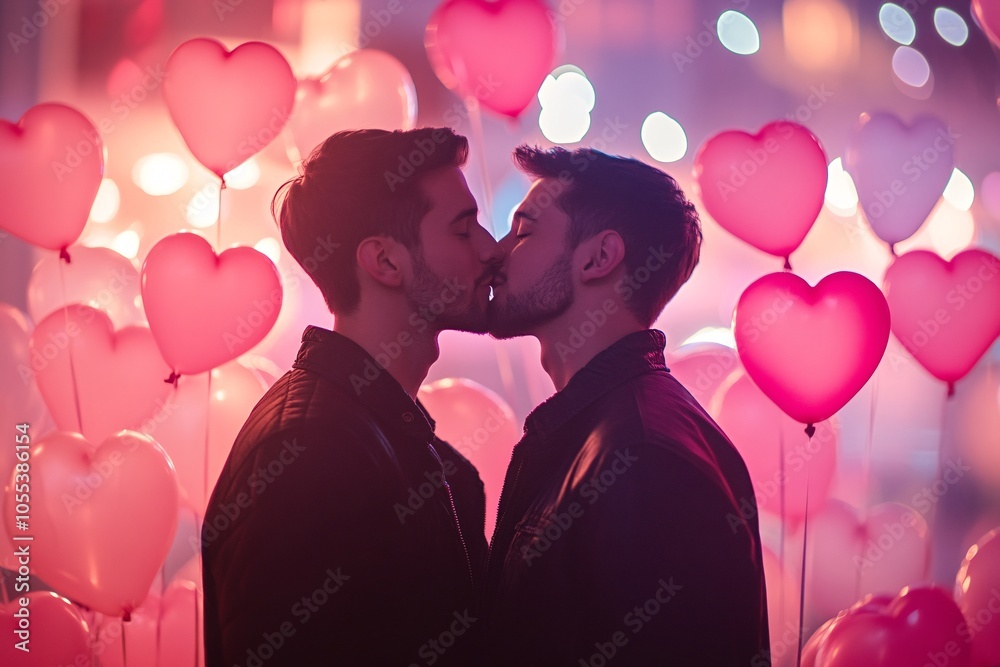 Canvas Prints two young gay men share a romantic kiss surrounded by heart decorations and soft glowing lights, cre