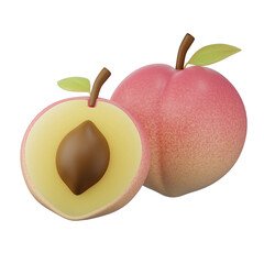 Ripe peach with a green leaf, isolated on white background, perfect for healthy recipes, 3d rendering