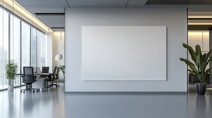 Spacious modern office interior featuring a blank wall with minimalist design and ample natural light