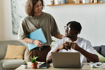A couple enjoys each other as one shares a warm drink and the other offers support.