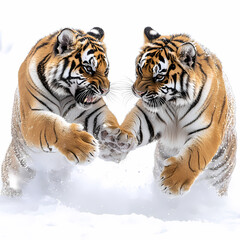 Obraz premium Tigers have powerful builds, bold orange fur with black stripes, and intense eyes. There is a sense of strength and grace about the tiger's face, with sharp features and a focused gaze.