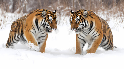 Obraz premium Tigers have powerful builds, bold orange fur with black stripes, and intense eyes. There is a sense of strength and grace about the tiger's face, with sharp features and a focused gaze.