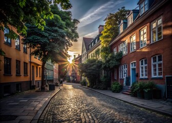 Bokeh Effect on a Charming Street in Copenhagen with Colorful Buildings and Lush Greenery