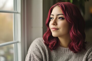 Fototapeta premium Woman with cherry red hair gazes out window
