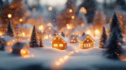 Fototapeta premium Snowy Village with Glowing Holiday Lights and Festive Minimal Style