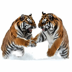 Naklejka premium Tigers have powerful builds, bold orange fur with black stripes, and intense eyes. There is a sense of strength and grace about the tiger's face, with sharp features and a focused gaze.