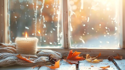 Sweet home still life details in home on a wooden window candle and autumn decor autumn home decor cozy fall mood cozy autumn or winter concept