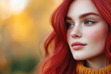 Fototapeta premium Red-haired woman with freckles in autumn backdrop