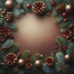 Fototapeta premium New Year's Eve backdrop of toys and pinecones neutral backdrop.