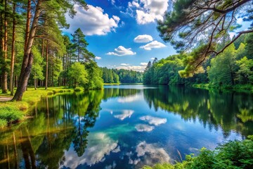 A picturesque lake surrounded by lush greenery and tall trees, forest, scenery, picnic, natural