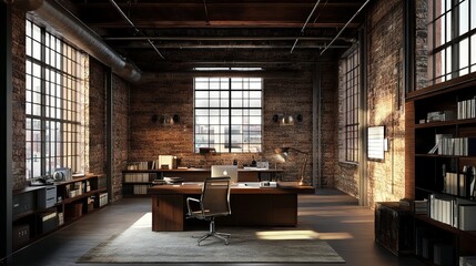 Spacious contemporary loft office with open floor plan, industrial-style windows, modern furniture, abundant natural light, and minimalist design