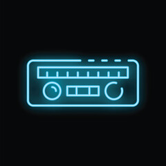 Blue neon icon of a vintage radio glowing on a black background