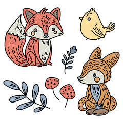 A set of children's drawing of a fox, a bird, mushrooms among the foliage.