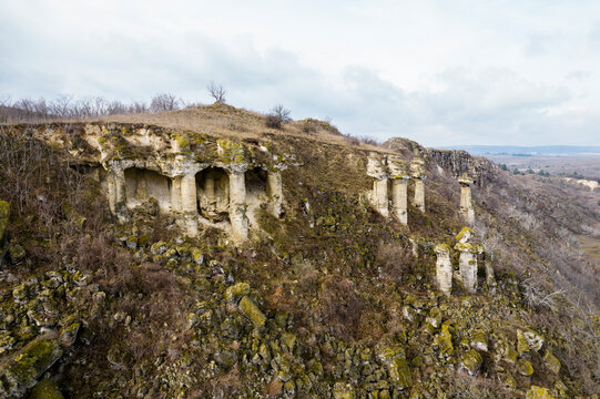 Aerial view of unique rock formations and barren landscape, Devnya, Bulgaria.
