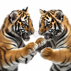 Obraz premium Tigers have powerful builds, bold orange fur with black stripes, and intense eyes. There is a sense of strength and grace about the tiger's face, with sharp features and a focused gaze.