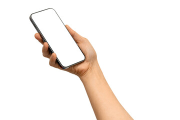 Asian woman holding smartphone in hand with blank screen isolated on white background with clipping path.