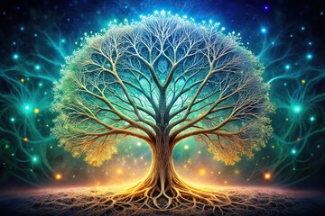 A striking visual representation of the tree of life, composed of delicate, interconnected filaments that evoke a sense of fragility and strength in equal measure., strong, nature, botanical
