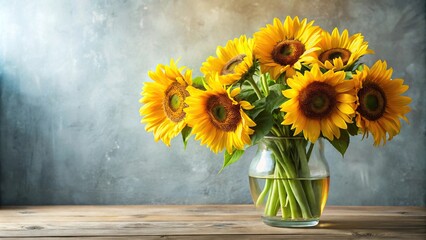 A stunning bouquet of sunflowers standing tall in a large glass vase, party, flowers, sunflowers, cutflowers