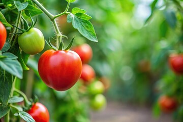 A tomato plant with green leaves and a red ripe fruit hanging from its stem, stems, greenery, flowers, outdoor decor, fresh produce