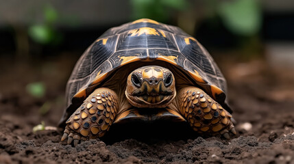 Obraz premium Close-up of a radiated tortoise with a detailed textured shell and patterned skin on soil background in a natural habitat setting.