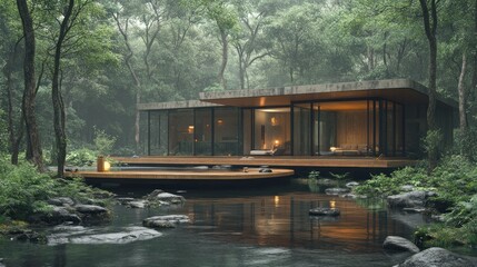 Modern Cabin with a Deck Over a Stream in a Misty Forest
