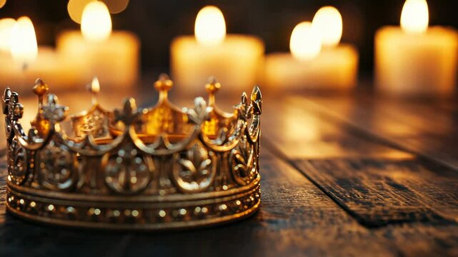 Golden crown on wooden table with lit candles in the background, symbolizing royalty and Christmas