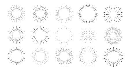 Sunburst firework line illustration. Black round icon. Vector drawings set. Radial frame. Sun ray circle