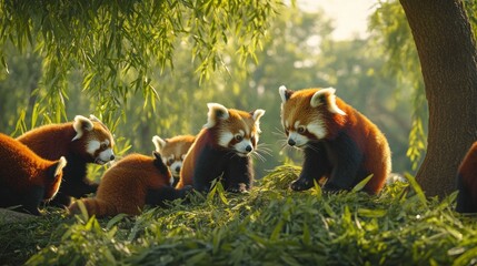 A group of red pandas sit together on a patch of grass in a forest.