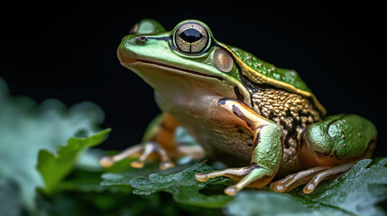 Fototapeta premium Close-up photograph of a vibrant green and orange tree frog sitting on lush green leaves against a dark background