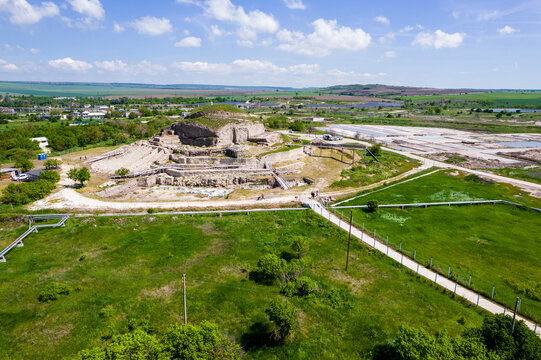 Aerial view of prehistoric salt production ruins surrounded by greenery and grassland, Solnitsata, Provadia, Bulgaria.