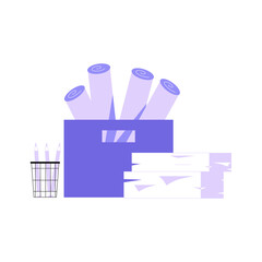 Art Supplies Store With Rolls Of Paper And Pencil Holder In Flat Vector Illustration Symbolizing Creativity, Arts And Crafts, And Organization, Isolated On White Background