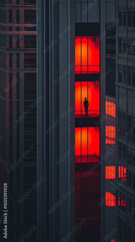 Poster a man is standing on a glass elevator in a tall building