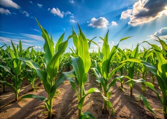 Obraz premium Candid Photography of Corn Crop Agronomy in a Sunny Field with Lush Green Plants and Rural Landscape