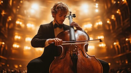 A young man plays the cello on stage in front of an audience, surrounded by lights.