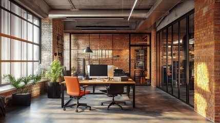 Naklejka premium Modern office interior in loft with industrial design elements, spacious open workspace, exposed brick walls, large windows, and minimalist furniture 3d render of creative work environment