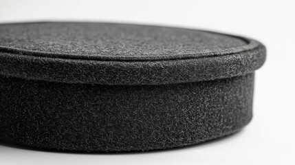 Detailed shot of a felt pork pie hat in dark gray, isolated on a white background, capturing rounded top and sharp brim