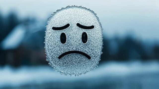 Frosty window with a sad face represents winter blues and cold weather, perfect for illustrating seasonal affective disorder