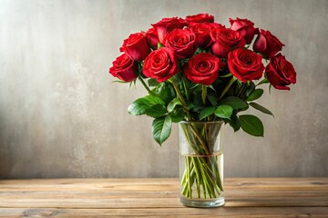 Fototapeta premium Bouquet of long-stemmed red roses arranged in a elegant vase, holiday, celebration