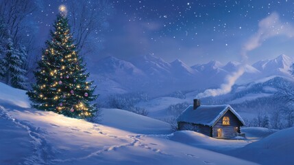 A dreamy Christmas night scene with a full moon shining brightly over a tranquil winter village.